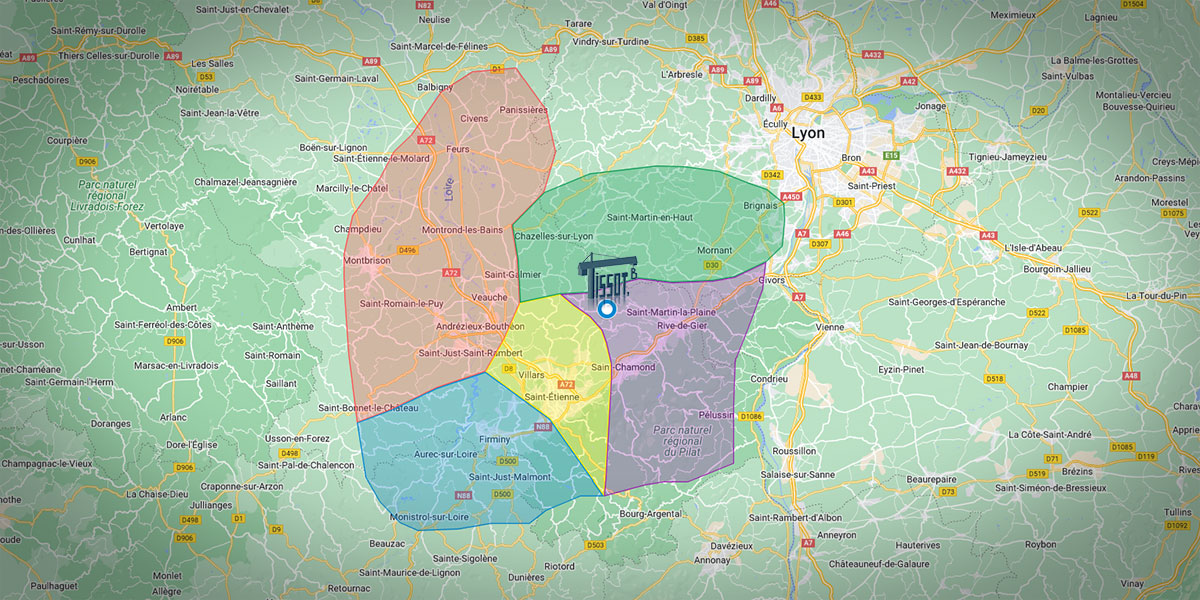 Zone d'intervention de l'entreprise générale de maçonnerie TISSOT, située entre les Monts du Lyonnais, la Plaine du Forez, ,la région de Saint Etienne, la valée de l'Ondaine, la zone du Pilat